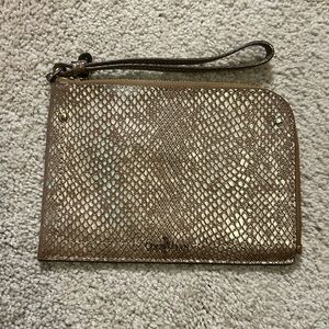 Cole Haan Metallic Gold Faux Snakeskin Leather Zip Around Wristlet Clutch